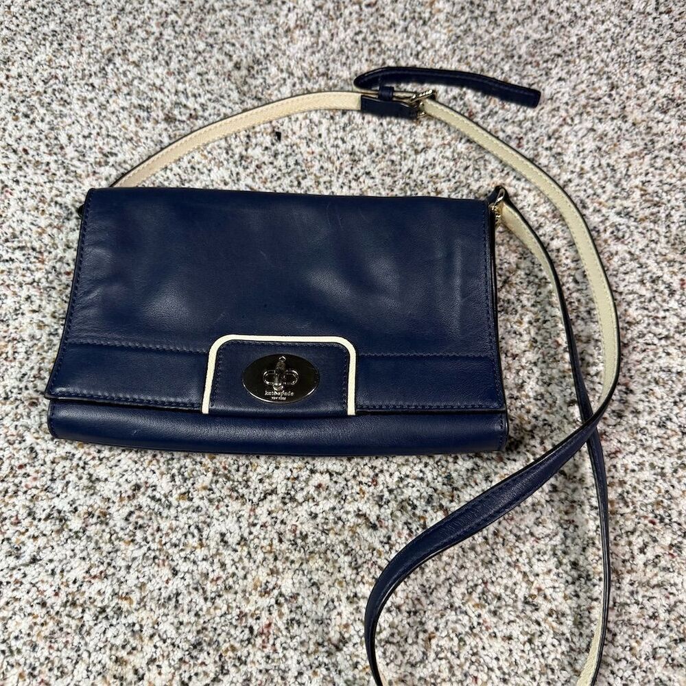Kate Spade Navy Blue Striped Leather Crossbody Bag Small Casual​